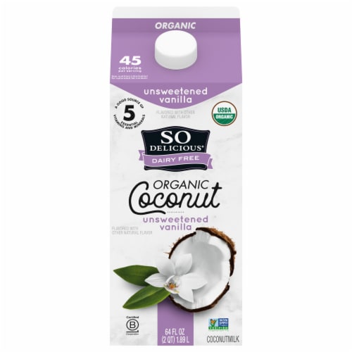 So Delicious Dairy Free Organic Unsweetened Vanilla Coconut Milk Half Gallon Perspective: front