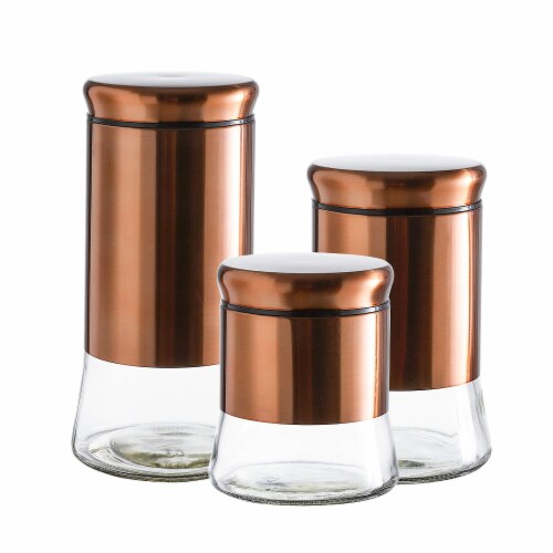 Whole Housewares | 3 Canister Set (28/38/50oz) | Glass Spice Jars | Bronze Cover & Lid Perspective: front