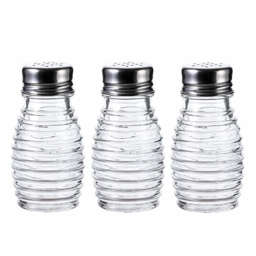 WHOLE HOUSEWARES | 2X3.5inch Stainless Steel Salt & Pepper Shakers Set | 3-Piece Pack Perspective: front