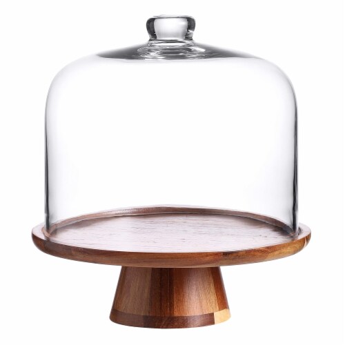 Flat Round Wood Server Cake Stand with Glass Dome, Size: 11x11, Clear