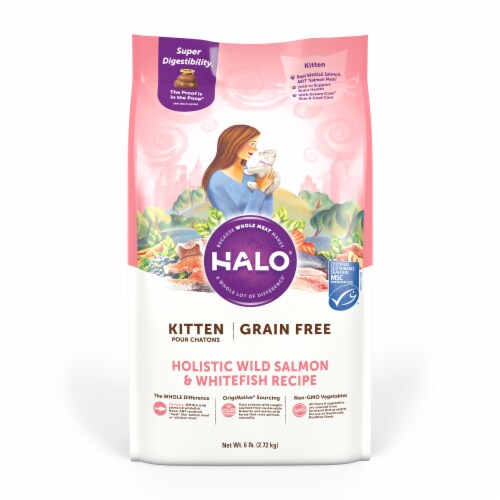 HALO Grain Free Wild Salmon & Whitefish Natural Dry Kitten Food Perspective: front