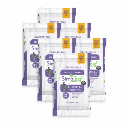 Simpleaf Flushable Wet Wipes Soothing Aloe Vera Formula with Lavender Scent (25Count) 6 PK Perspective: front