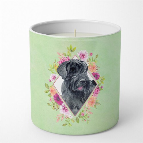 10 oz Giant Schnauzer Green Flowers Decorative Soy Candle Perspective: front