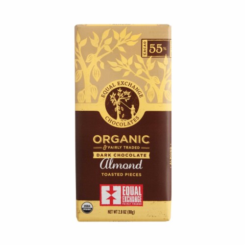 Equal Exchange Organic 55% Cacao Almond Toasted Pieces Dark Chocolate Bar Perspective: front
