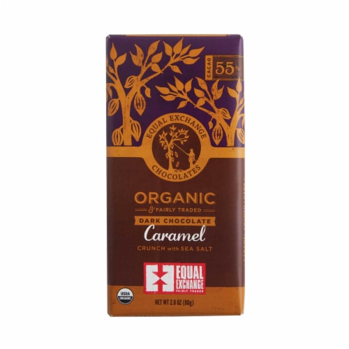 Equal Exchange Organic 55% Cacao Caramel Crunch with Sea Salt Dark Chocolate Bar Perspective: front