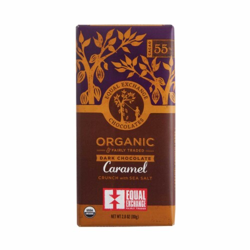 Equal Exchange Organic 55% Cacao Caramel Crunch with Sea Salt Dark Chocolate Bar Perspective: front
