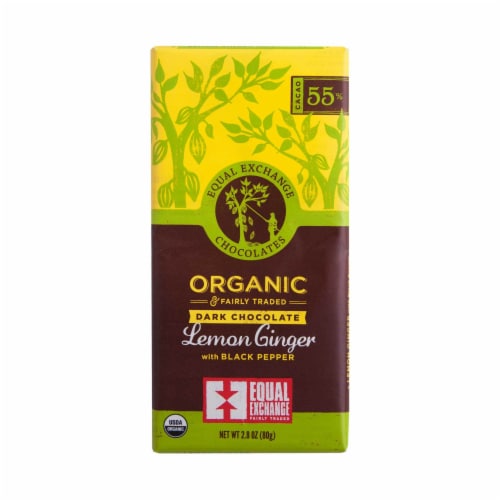 Equal Exchange Organic 55% Cacao Lemon Ginger with Black Pepper Dark Chocolate Bar Perspective: front