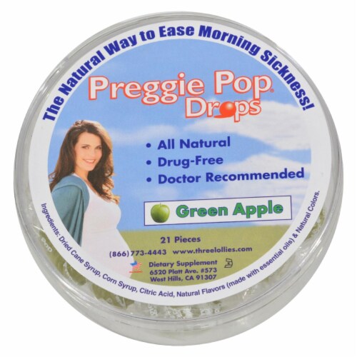 Three Lollies Preggie Pop Drops Natural Green Apple - 21 Pieces Perspective: front