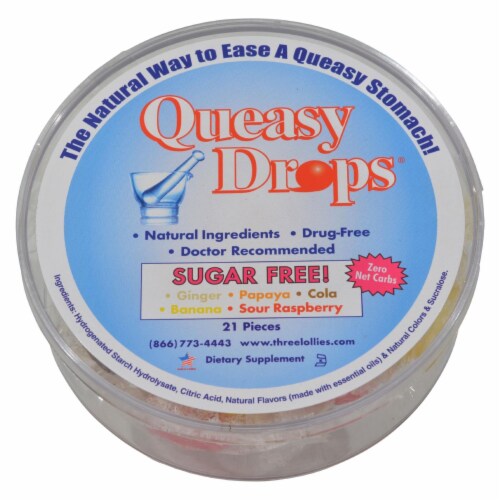 Three Lollies Queasy Drops Ginger Papaya Cola Banana Sour Raspberry - 21 Pieces Perspective: front