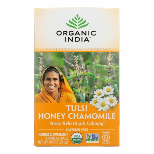 Organic India Tulsi Tea Honey Chamomile - 18 Tea Bags - Case of 6 Perspective: front