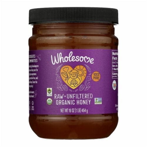 Wholesome Sweeteners Organic Raw Honey - Liquid Sweetener - Case of 6 - 16 oz. Perspective: front