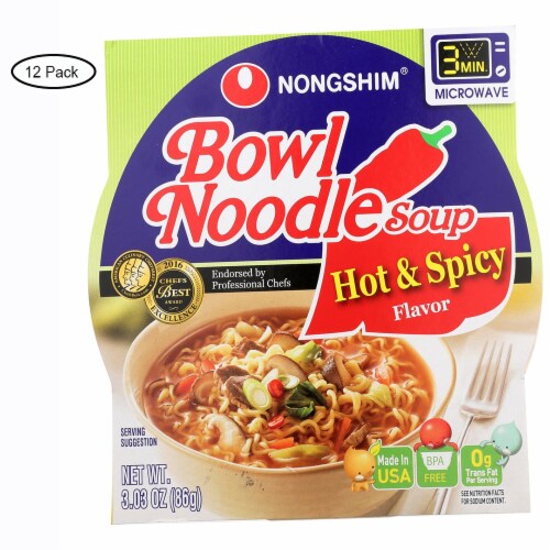 Nong Shim Hot and Spicy Bowl - Noodle Soup - Case of 12 - 3.03 oz. Perspective: front
