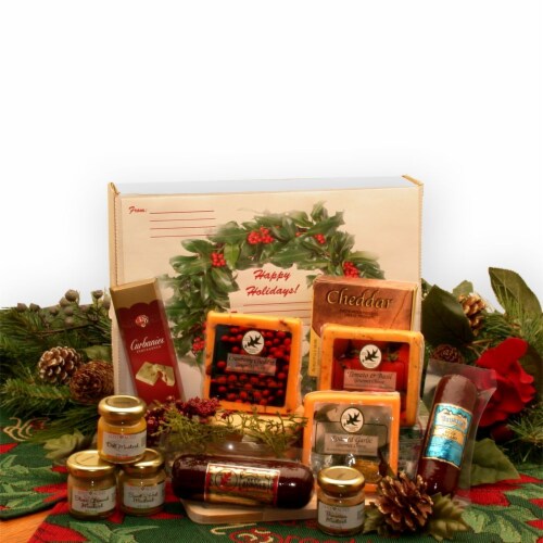 Happy Holidays Gourmet Sampler Pack- Christmas gift basket - Holiday Gift Basket Perspective: front