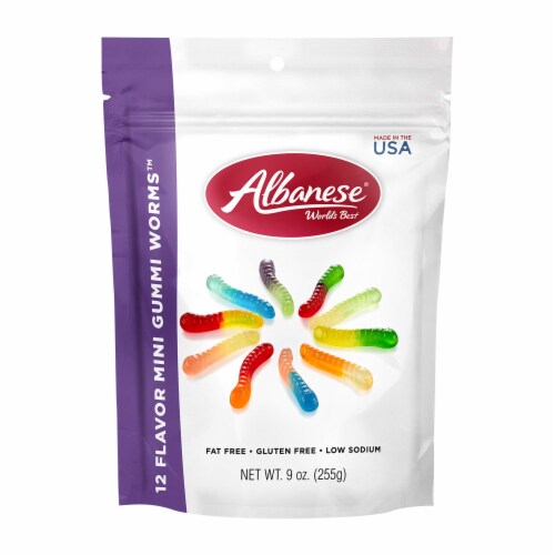 Albanese -World's Best 12 Flavor Mini Gummi Worms - 9 Ounce Bag Perspective: front