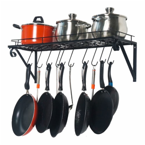 Wall Hanging Pot Rack Mounted Storage Shelf with S Hooks for Pans,  Utensils, Books, Plant BlK, 1 Pack - Baker's