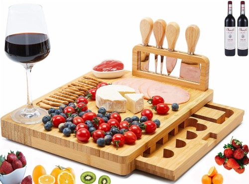 Bamboo Cheese Board Charcuterie Platter and Serving Meat Board Including 4  Steel Knife Perspective: front