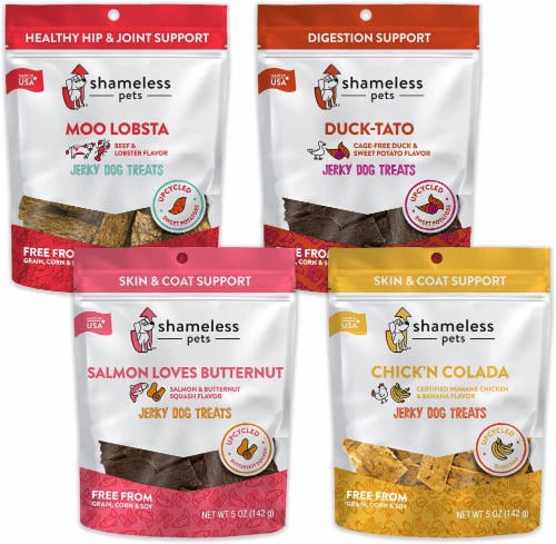 Dog Jerky Treats Moo Lobsta, Duck-Tato, Salmon Loves Butternut, Chick'N Colada - Variety Pack Perspective: front
