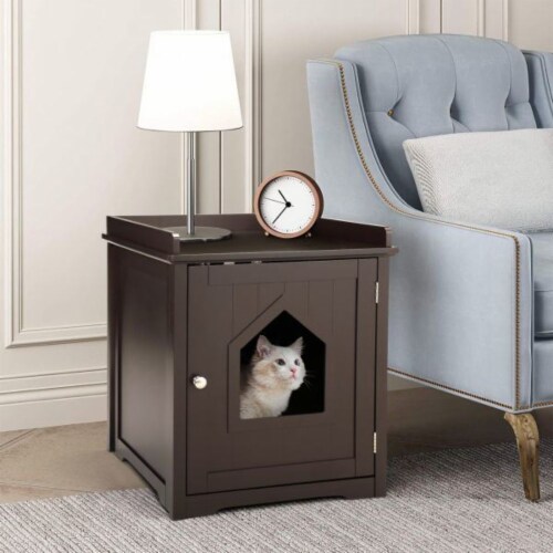 Cat Litter Box Enclosure, Wooden Cat Washroom with Vent Holes(Brown) Perspective: front