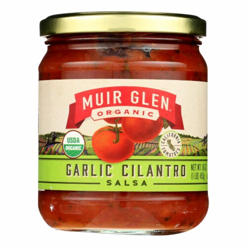 Muir Glen Medium Garlic Cilantro Salsa - Tomato - Case of 12 - 16 oz. Perspective: front