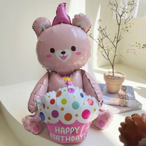 1PCS 4D birthday bear foil balloon for Birthday Party Decorations (Pink) Perspective: front