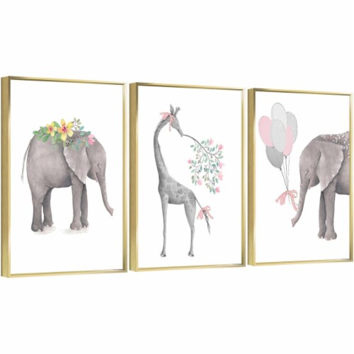 Framed Canvas Wall Paintings-Elephant & Giraffe Nursery Wall-Aesthetic Prints for Décor Perspective: front