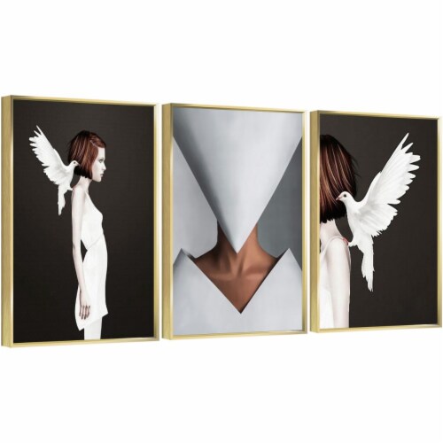 Framed Canvas Wall Paintings-White Dove And Girlish Abstract Pattern-Prints for Décor Perspective: front