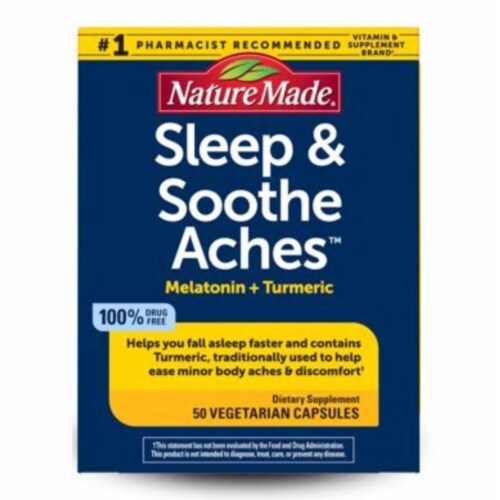 Sleep & Soothe Aches with Melatonin 5mg and Turmeric Capsules; 50 Count Perspective: front