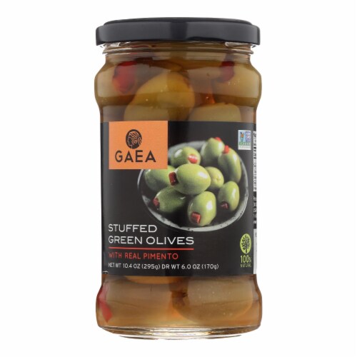 Gaea Stuffed Green Olives With Real Pimento - Case of 8 - 6 OZ Perspective: front