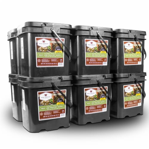720 Serving Meat Package Includes: 12 Freeze Dried Meat Buckets Perspective: front