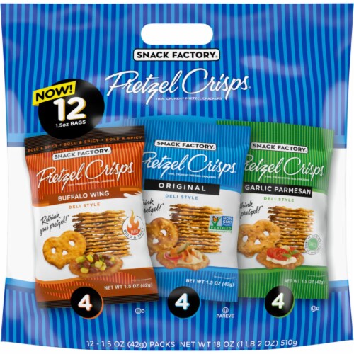 Snack Factory Buffalo Wing, Original, Garlic Parmesan Pretzel Crisps Variety Pack Perspective: front