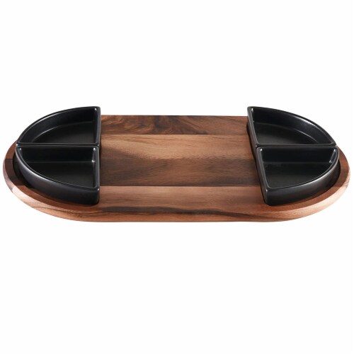 Charcuterie/ Serving Tray w/ 4 black triangular ceramic bowls Perspective: front