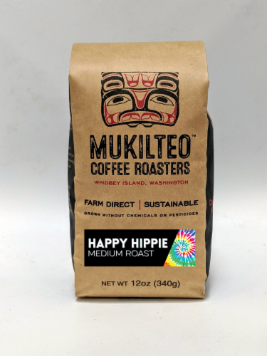 Mukilteo Happy Hippie Medium Roast Whole Bean Coffee Perspective: front