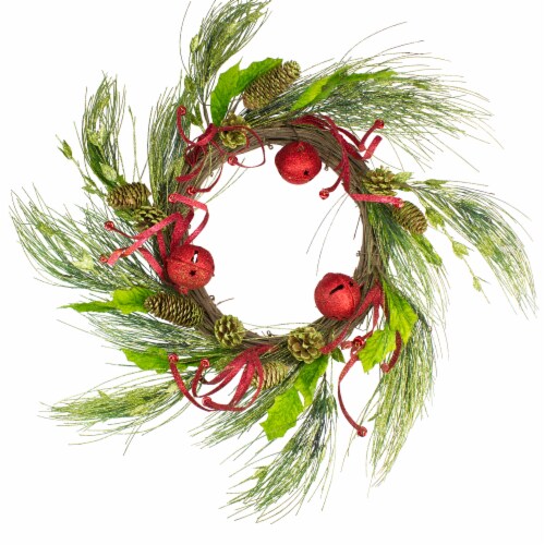 Melrose Red and Green Jingle Bell Glitter Artificial Christmas Wreath - 21-Inch, Unlit Perspective: front