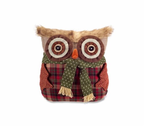 Diva At Home 14  Brown and Red Nordic Owl with Scarf Christmas Throw Pillow Perspective: front