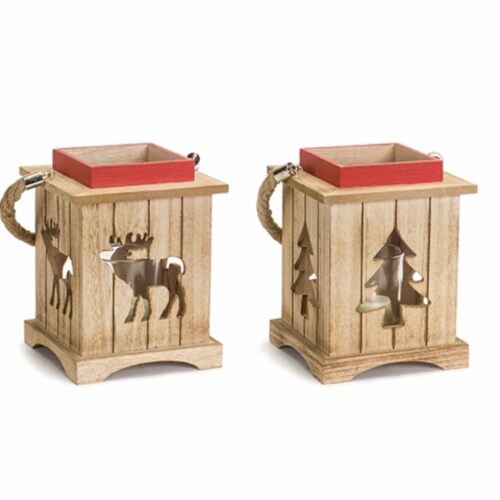 Melrose International 73034DS 8.5 in. Wood Tree & Deer Lantern, Brown & Red - Set of 2 Perspective: front