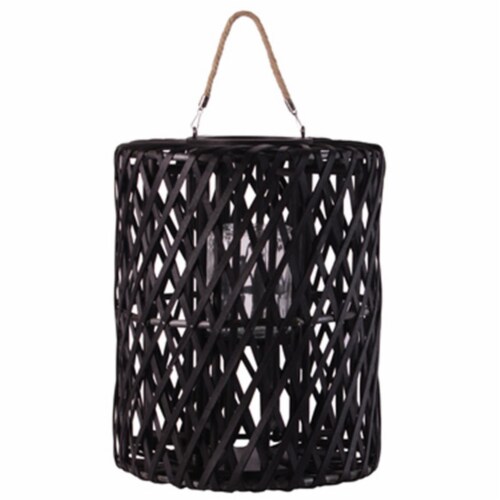 Wood Cylindrical Lantern with Rope Handle, Black - Large Perspective: front