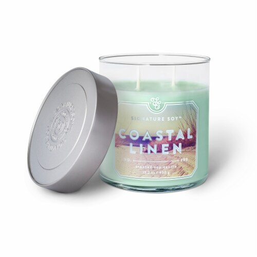 Signature Soy Coastal Linen Jar Candle - Sea Foam Green Perspective: front