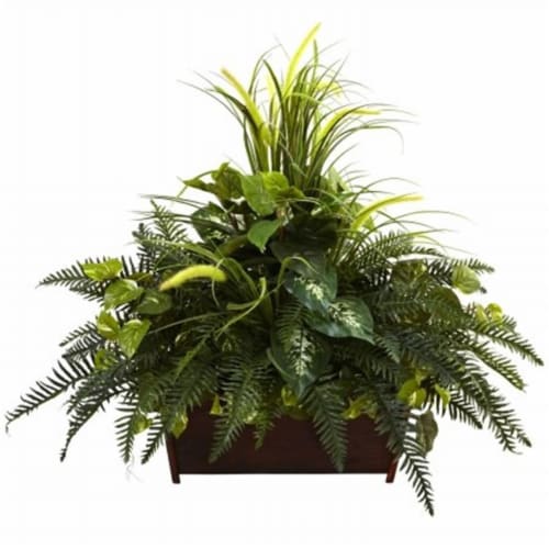 Mixed Grass & River Fern With Wood Planter Perspective: front