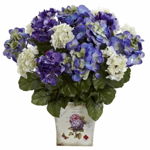 Mixed Hydrangea With Floral Planter - Blue Purple Perspective: front