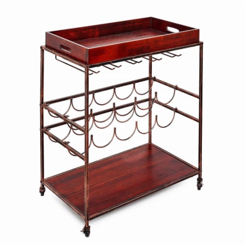 Avalon Wine and Serving Cart, Antique Copper and Rosewood - 28 x 16 x 32 in. Perspective: front