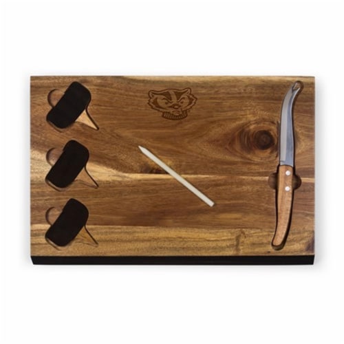 Wisconsin Badgers - Delio Acacia Bamboo Cheese Board & Tools Set Perspective: front