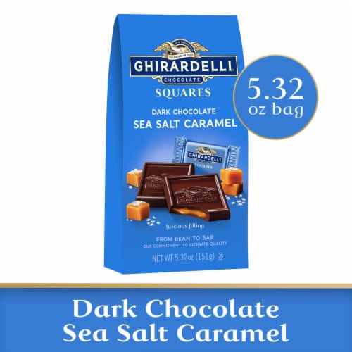 Ghirardelli® Dark Chocolate Sea Salt Caramel Squares Candy Pouch Perspective: front