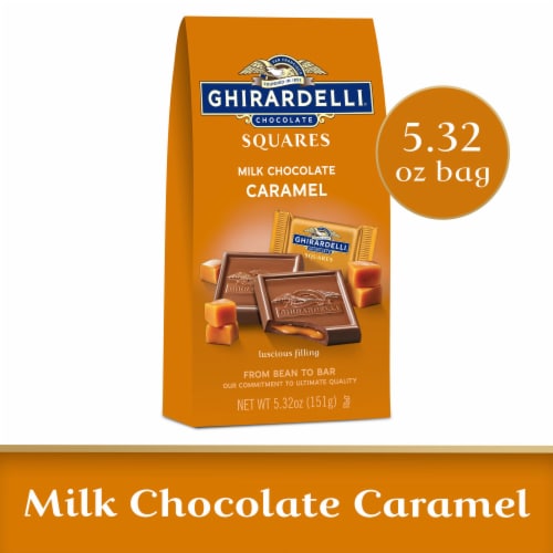 Ghirardelli® Milk Chocolate with Caramel Filling Squares Candy Bag Perspective: front