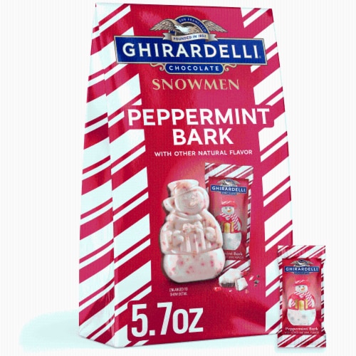 Ghirardelli® Peppermint Bark Chocolate Snowmen Holiday Candy Bag Perspective: front