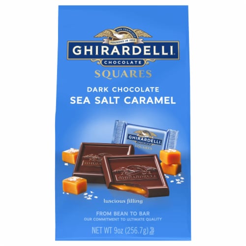 Ghirardelli Dark Chocolate Sea Salt Caramel Squares Perspective: front
