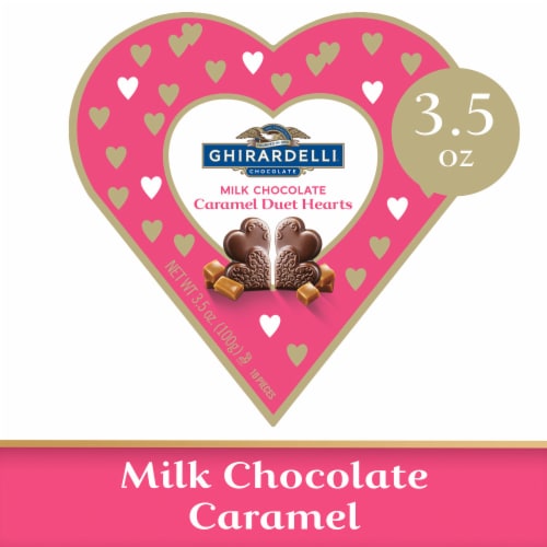Ghirardelli® Milk Chocolate Caramel Duet Hearts Valentine Candy Perspective: front