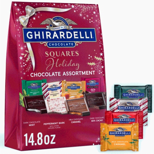 Ghirardelli® Squares Chocolate Assortment Squares Holiday Candy Pouch Perspective: front
