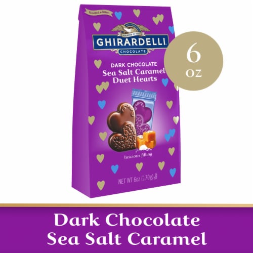 Ghirardelli® Dark Chocolate Sea Salt Caramel Duet Hearts Valentine Candy Perspective: front