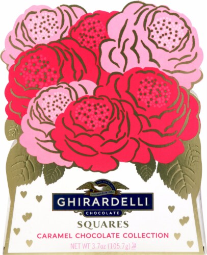 Ghirardelli Valentine's Day Caramel Chocolate Squares Collection Floral Bouquet Gift Bag Perspective: front