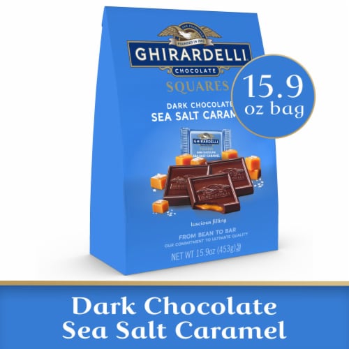 Ghirardelli Dark Chocolate Sea Salt Caramel Squares Perspective: front